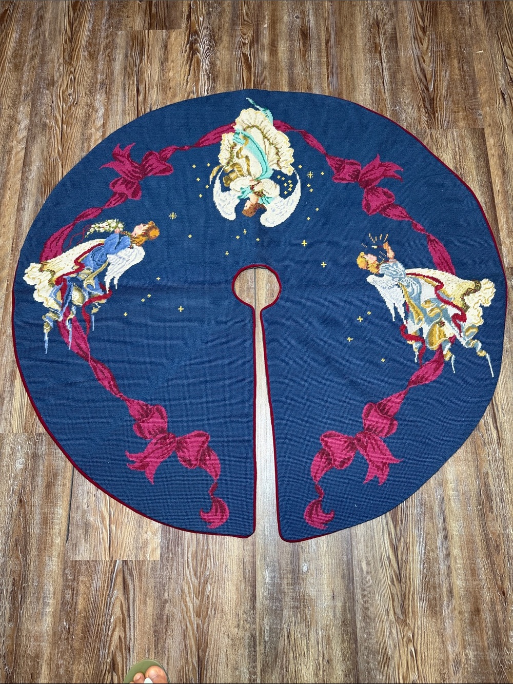 Vintage Needlepoint Christmas Tree Skirt - Blue with Angels & Bows 40"